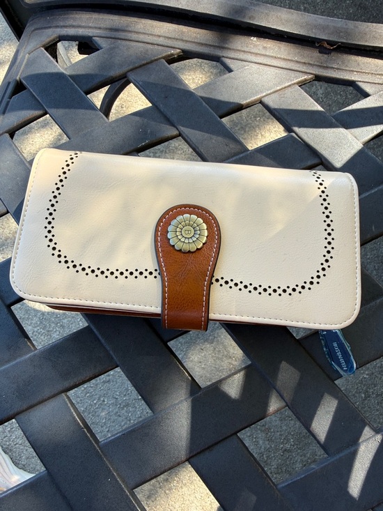 Bostanten Handbags - Cream and Brown Women's Clutch Wallet with Floral Snap Accent